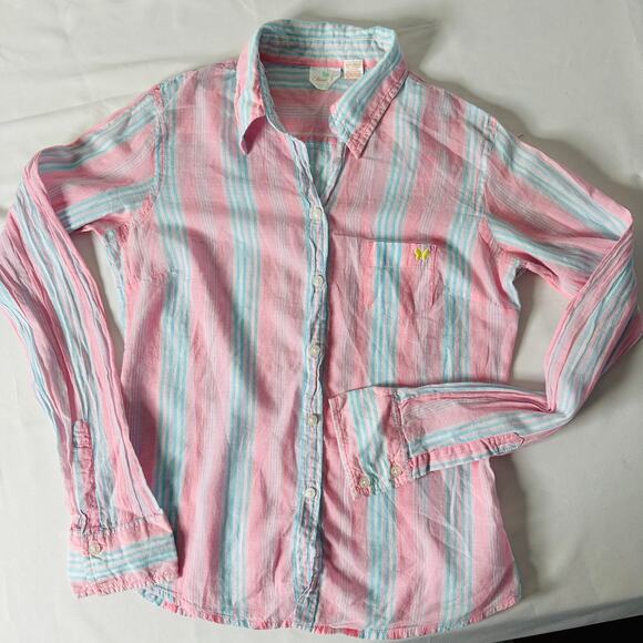 Vintage Y2k Aeropostale Aero Pink & Blue Striped Button Down Polo Top Sz XS - Picture 3 of 9